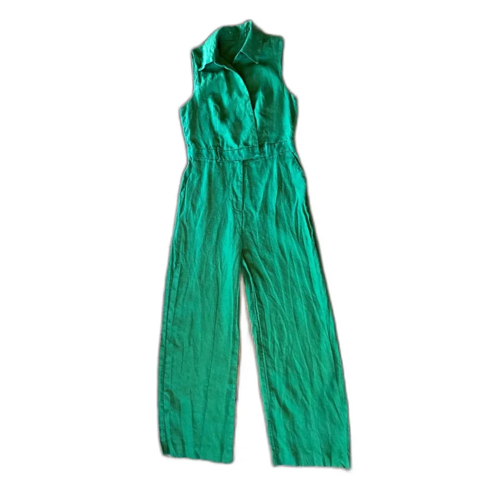 ZARA Green Linen Belted Sleeveless Wide Leg Jumpsuit Overalls Women's Size Small